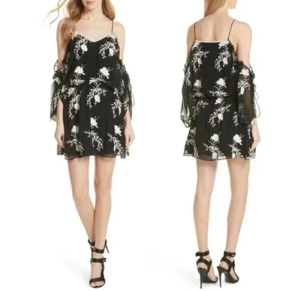 Alice + Olivia Holden Embroidered Cold-shoulder Dress In Black/ Off White - Picture 1 of 8